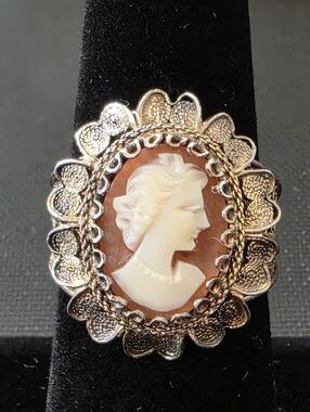 VTG Sterling Silver Filigree Hand Carved Shell Cameo Ring Size 8"